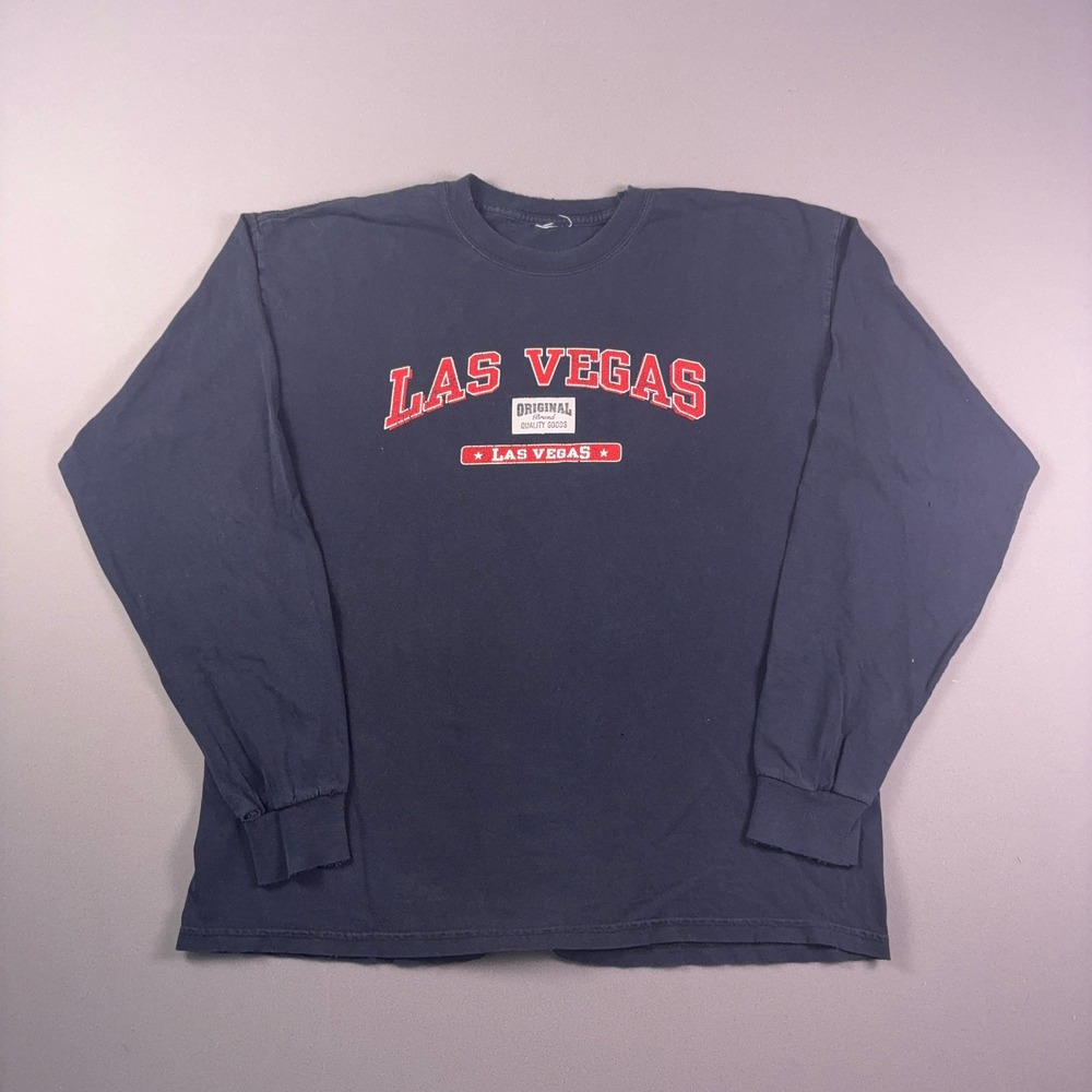 Vintage Las Vegas Long Sleeve Graphic T-Shirt Navy Blue Distressed Souvenir Tee